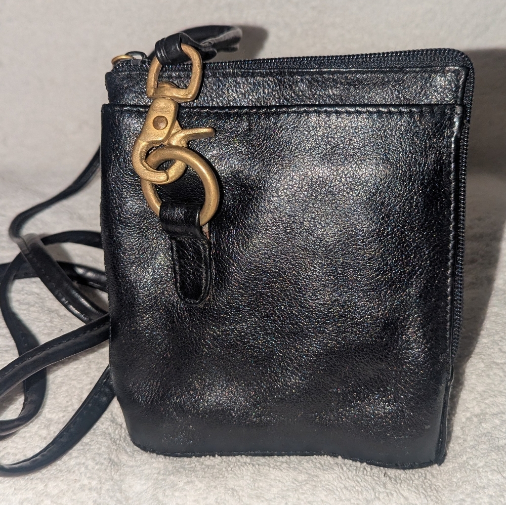 Vintage Black Leather Mini Bucket Crossbody Bag with Gold Hardware